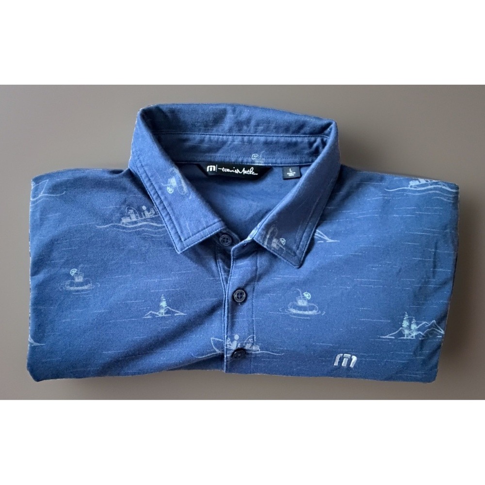 Travis Mathew Short Sleeve Polo Shirt Blue Boat Mountain Theme Logo Large JBHS - Picture 9 of 11